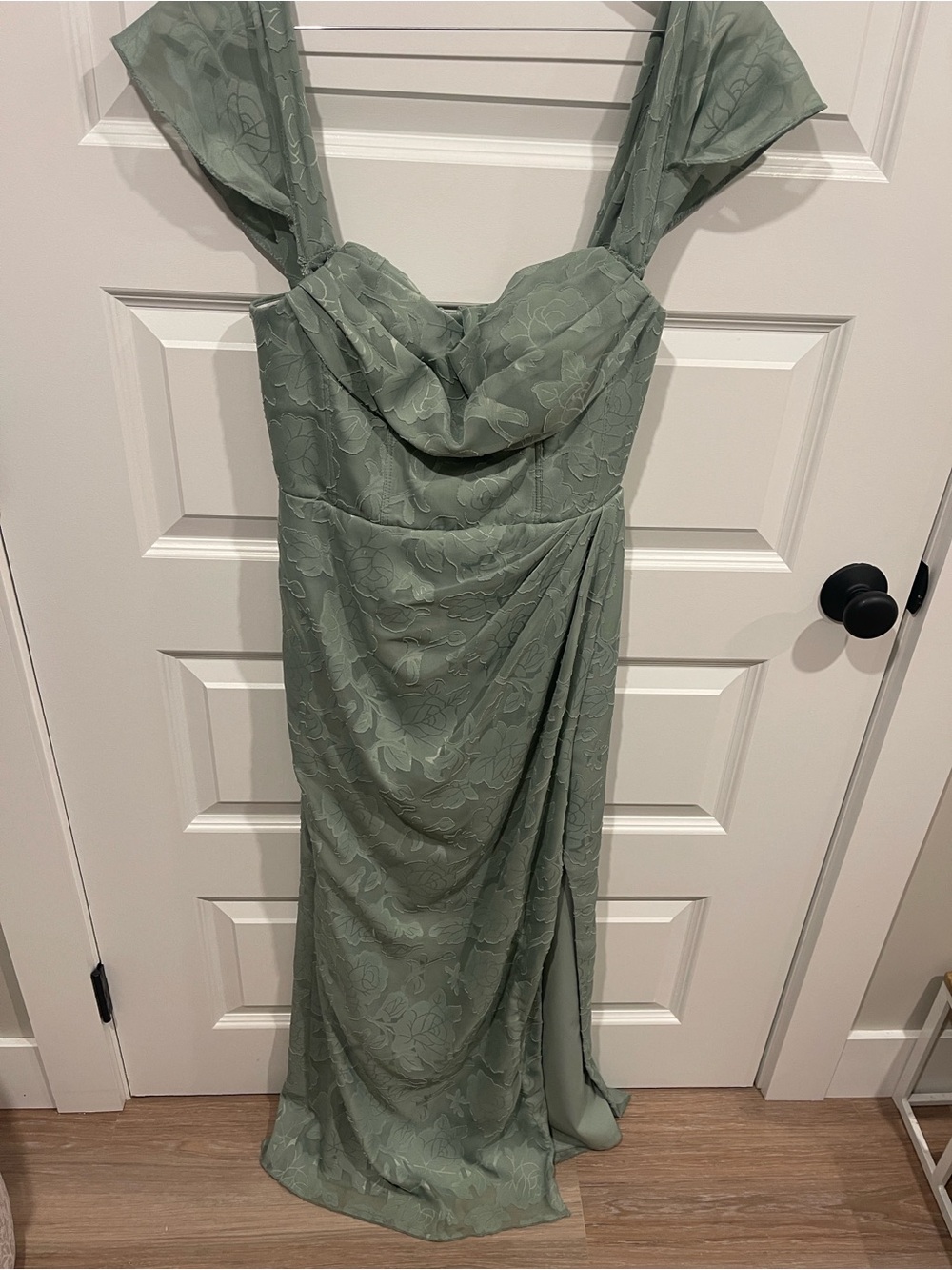 Azazie Sage Green Floral Draped Gown